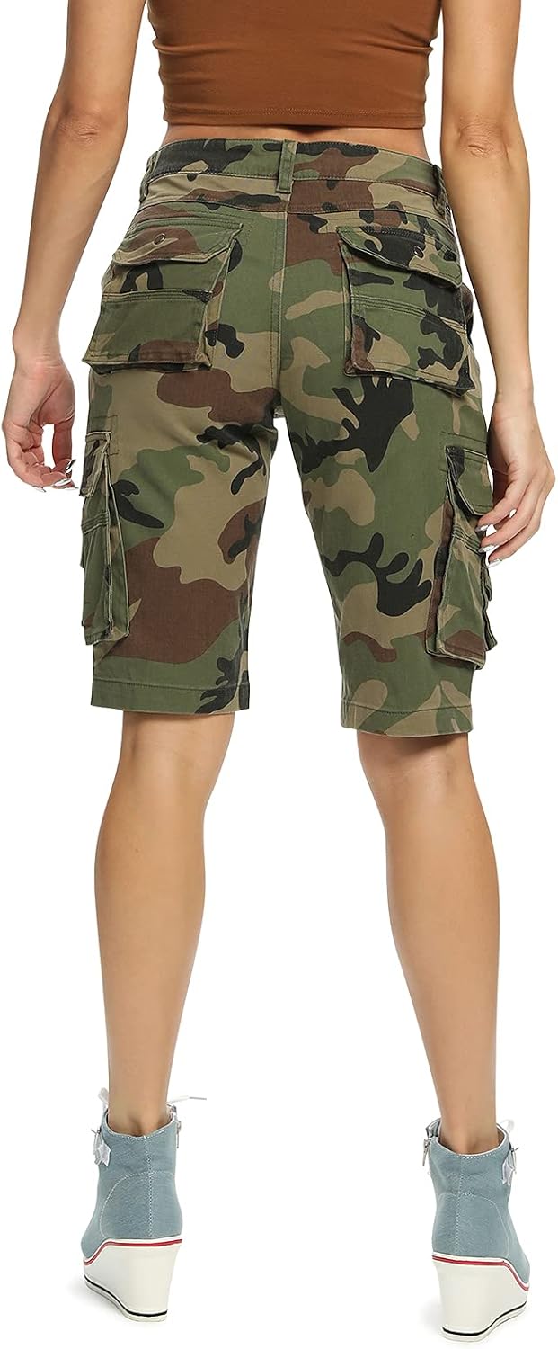 OCHENTA Women's Cargo Shorts with Pockets Stretchy Cotton Camo Bermuda Knee Length for Summer Hiking Work
