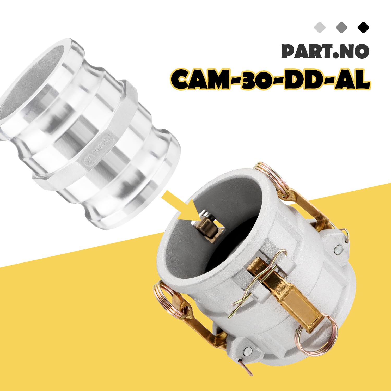 DD3030 Acoplador de bobina de leva y ranura de aluminio tipo DD, Camlock hembra de 3 pulgadas x Camlock hembra de 3 pulgadas (CAM-30-DD-AL)