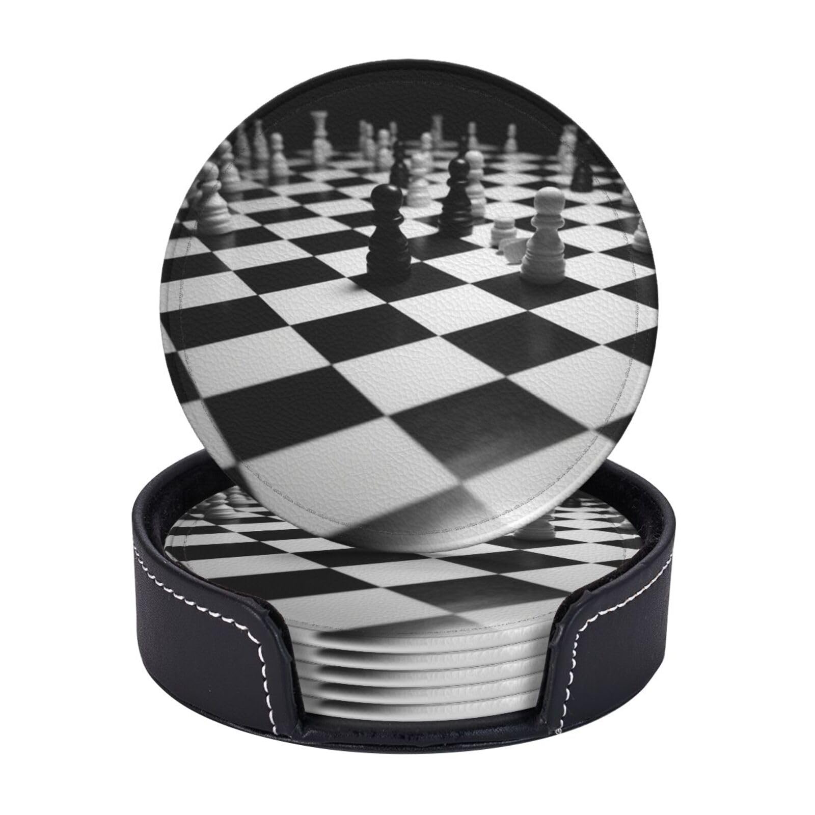 Round Coasters for Drinks Set of 6 - PU Leather Coasters with Holder - Modern Drink Coasters for Coffee Table - Black White Chess Checkerboard Coaster for Tabletop Protection 4" Cup Mat Pad