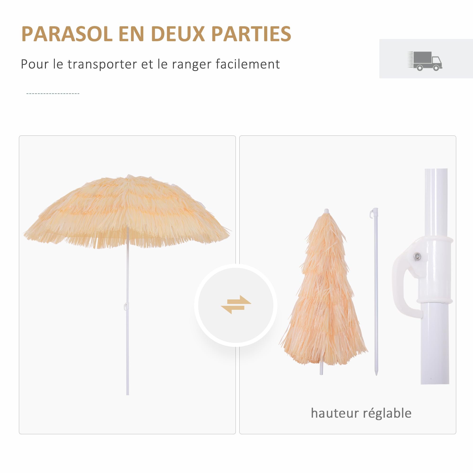 Outsunny Parasol de Plage Design Hawai Raphia Artificiel 160 cm Beige