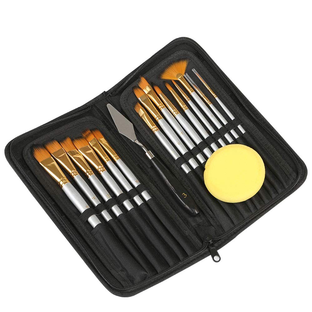 Kesote - Juego de 15 Pinceles de Pinceles con Estuche y Esponja Negras, Pintura acrílica al óleo y Acuarela
