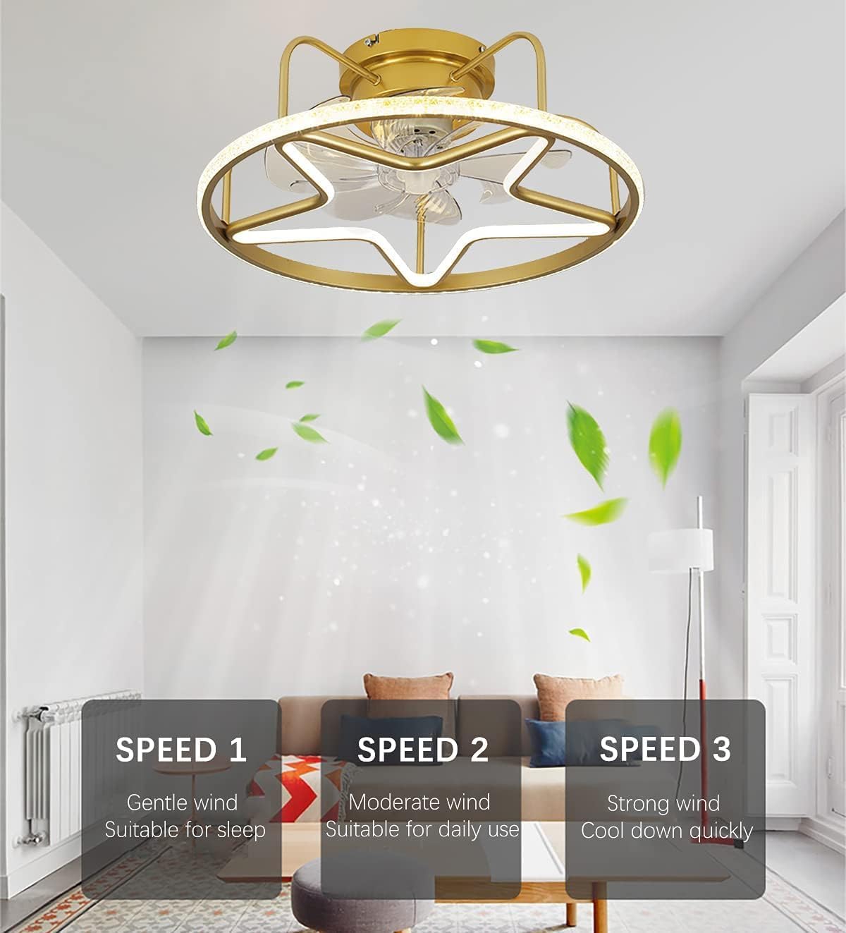 Nordic Golden Star Ceiling Fans Lights Interior Lighting with Remote Ceiling Fan Lights 3-Speed Silent Smart Timing Ceiling Fan Lamp LED Light Home Decoration for Living Room Bedroom
