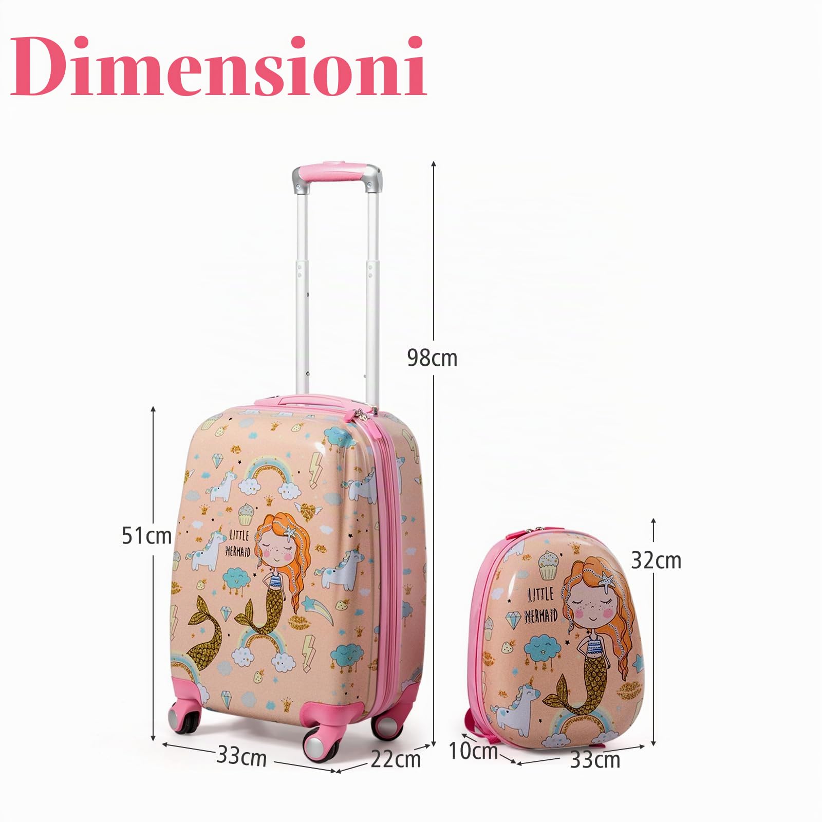 SOARS Set di Valigia 18’’ + Zaino 12’’ per Bambini 2 Pezzi, Bagagli 2-in-1 con Zainetto da Viaggio Aereo, Trolley con Maniglia Telescopica e 4 Ruote a 360° (Rosa Sirena)