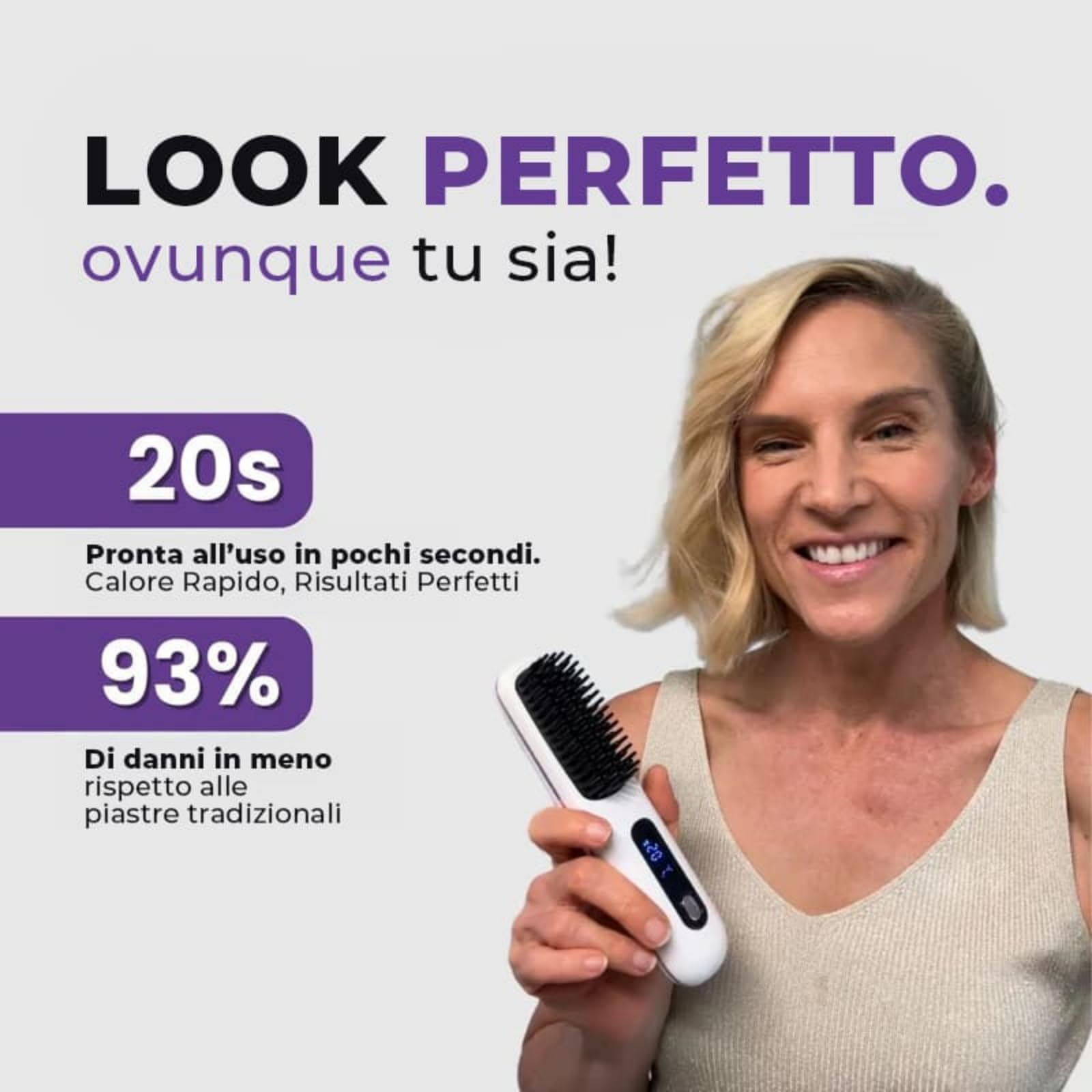 DemmyLab Spazzola Lisciante,Mini spazzola per capelli portatile senza fili per donne con indicatore di temperatura LCD,Riscaldamento rapido in 20 secondi