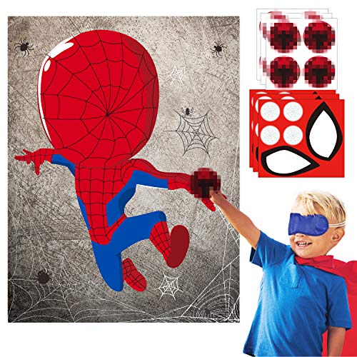 30pcs spider super hero Kids Party Stickers Game, Pin The Eyes Chest Signs and Spiderweb On Large spider super hero Poster Good for Big Superhero Birthday Party, Kid Room Wall Decor, Hero Party Favor