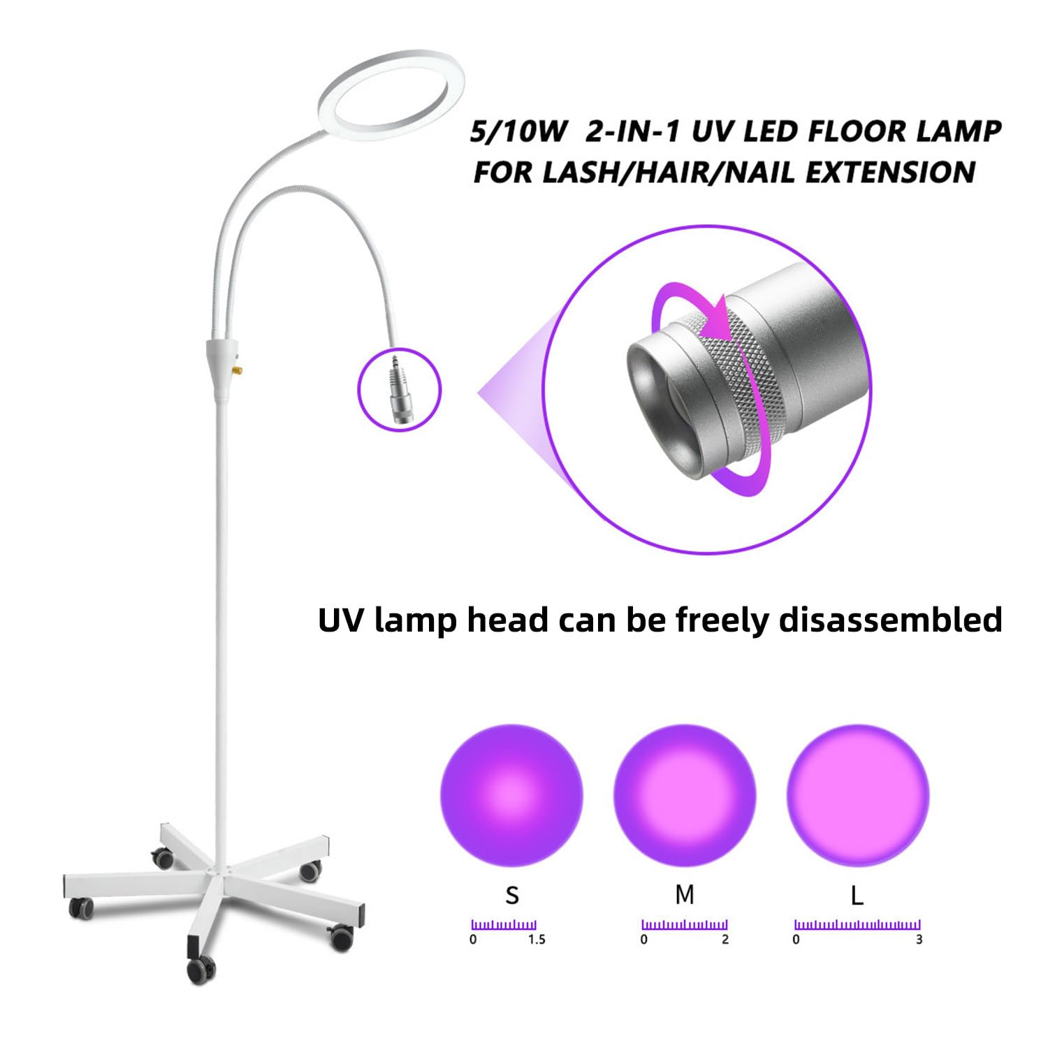 Multifunktionales Wimpernverlängerungs-Härtungslicht, LED-Fülllicht, 1-3 s schnelle Aushärtung, mit UV-Kleber + UV-Brille + Fußschalter, einstellbare Blende, höhenverstellbar
