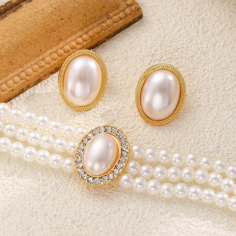 Dainty Layered White Beaded Pearls Choker Necklaces Stylish Big Oval Pearl Stud Earring for Women Charming Necklace Earrings Prom Party Jewelry Set Gift - Image 8