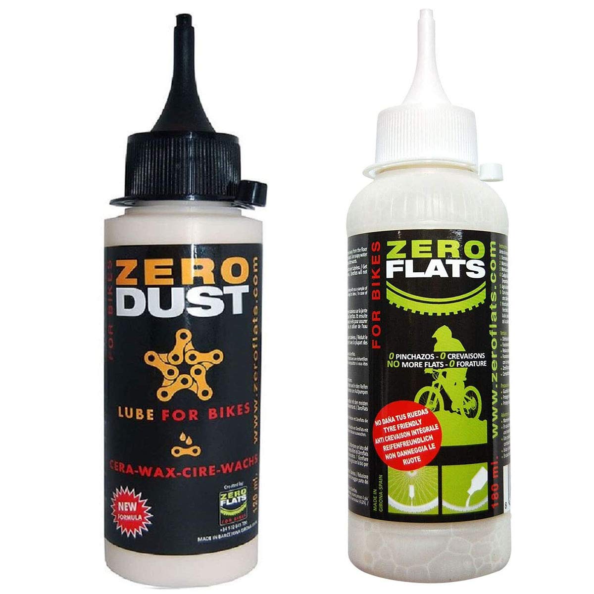 ZEROFLATS Pack - Zeroflats-6.08oz Anti-Puncture Sealant & Zerodust 4.05oz Dry Wax Chain Lube/Lubricant | Required Tools Included