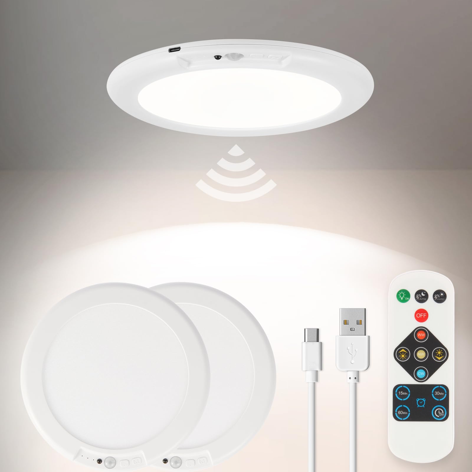 2 Pack Motion Sensor Ceiling Light Battery Operated with Remote 3CCT