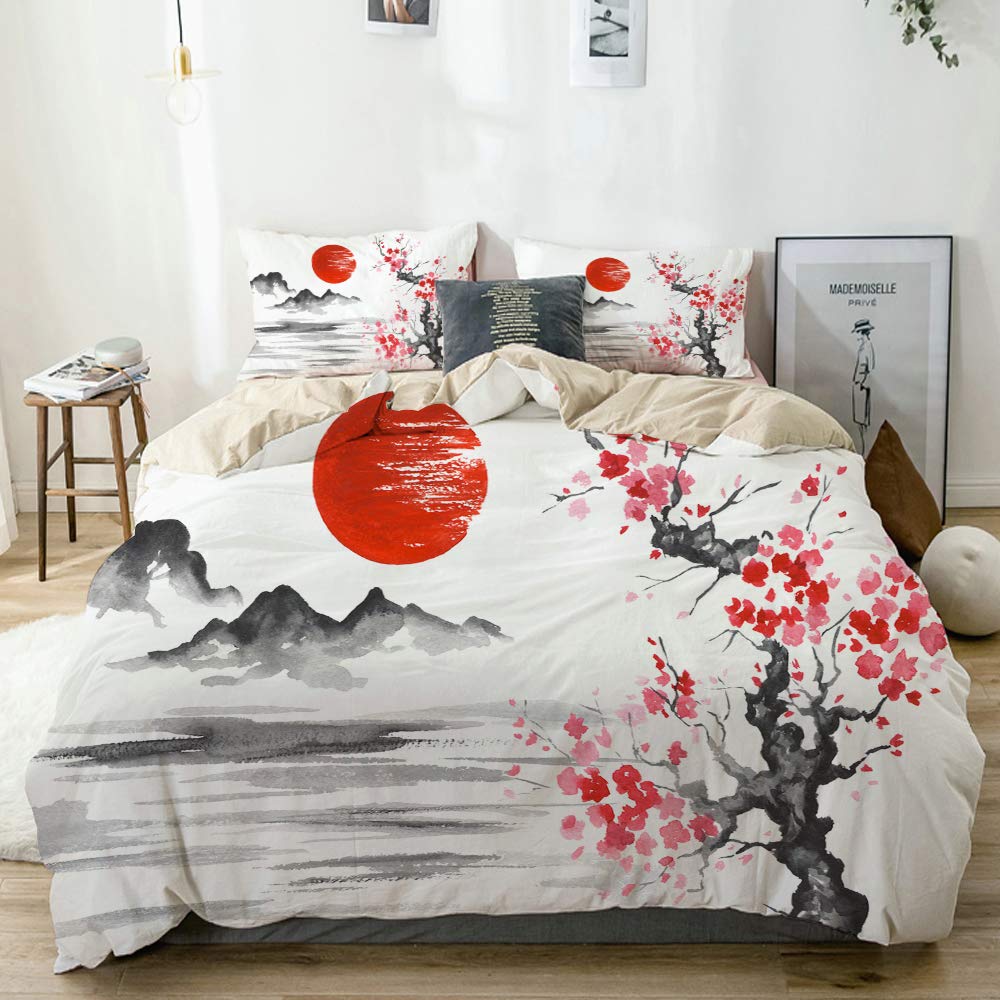 Housse De Couette 200x200cm Fleurs De Cerisier - 2 Taies 65x65 - Microfibre Douce, Zippée