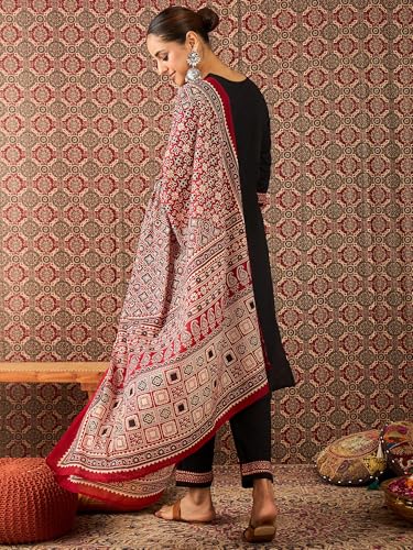 Image of INDO ERA Women's Straight Pure Cotton Floral Self Design Kurta & Pant With Dupatta Set | Kurta Sets For Woman