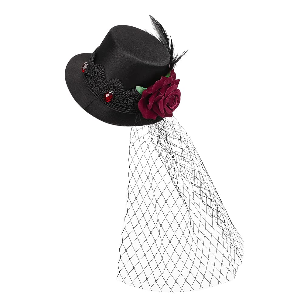 Ladies Vintage Top Hat Mini Flower Headband with Hair Clips Fascinator Wedding Hat Goth Punk Outfit Headwear Hairpins Fancy Dress for Halloween Christmas Cocktail Tea Party Accessory