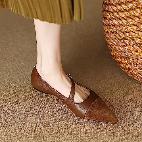 SHODENSE Women Cap Toe Flats Shoes Ankle Strap Pointed Closed Toe Flat Heel Mary Janes Two Tone Comfort 1" Low Chunky Heel Dress Shoes Pumps Office Ladies Driver Ballet Flats 4-10 M US3