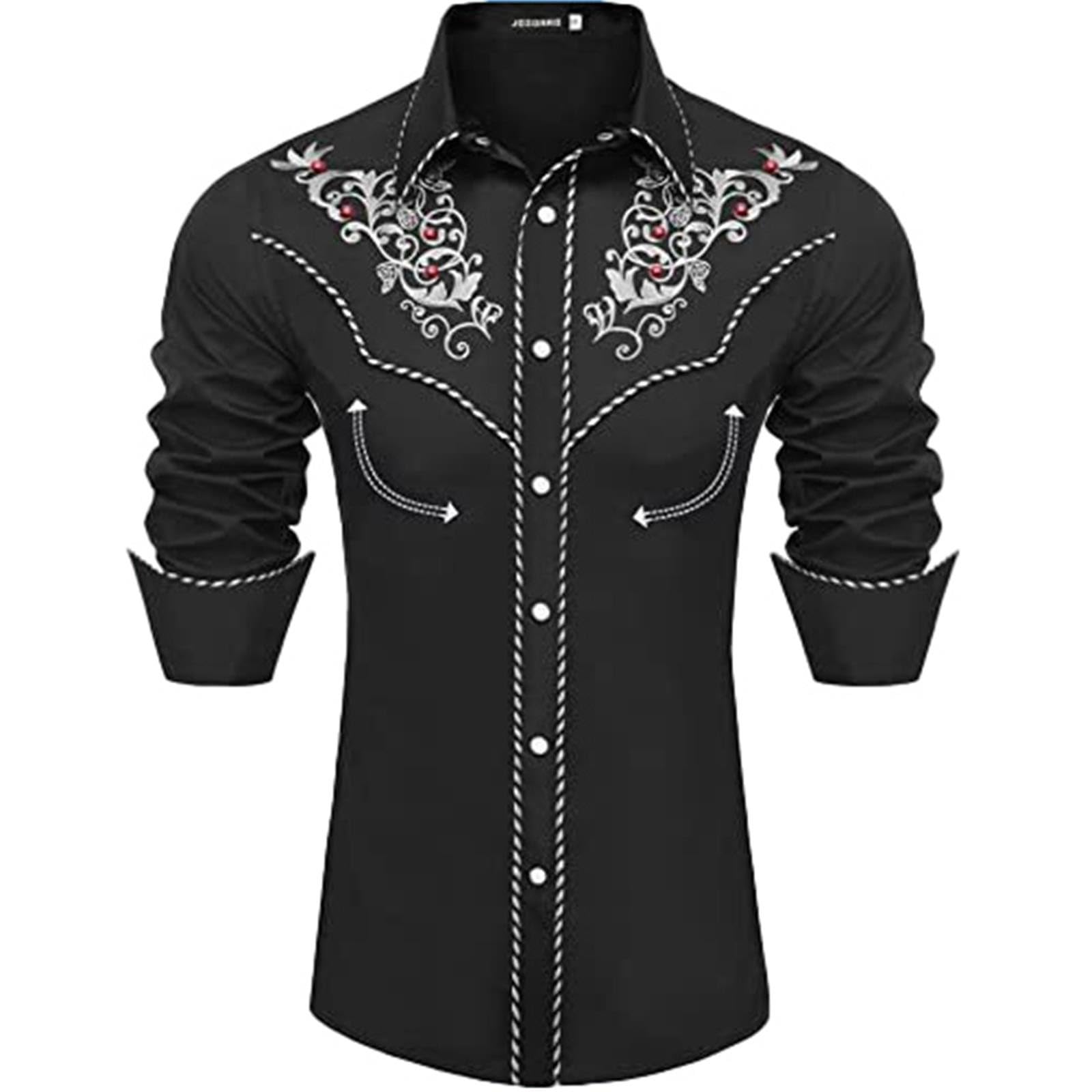 Mymyguoe Vintage Cowboy Shirt Men's Western Embroidered Print Western Shirt Retro Traditional Casual Shirt Western Cowboy Shirt Cowboy Costume Long Sleeve Button Party Shirts Hippie Shirt, black, S — image 1
