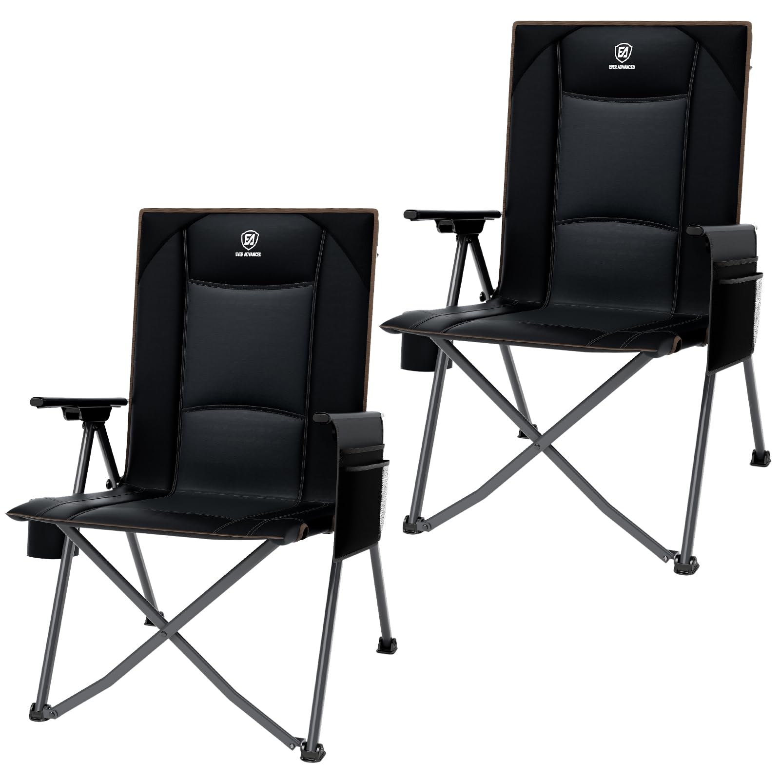 EVER ADVANCED Luxury Camping Chair Folding for Adults Set of 2 Heavy Duty 350lbs, Garden Chair Reclining Padded with Cup Holder Side Pocket, Foldable with 4-Position Adjustable Back, Black