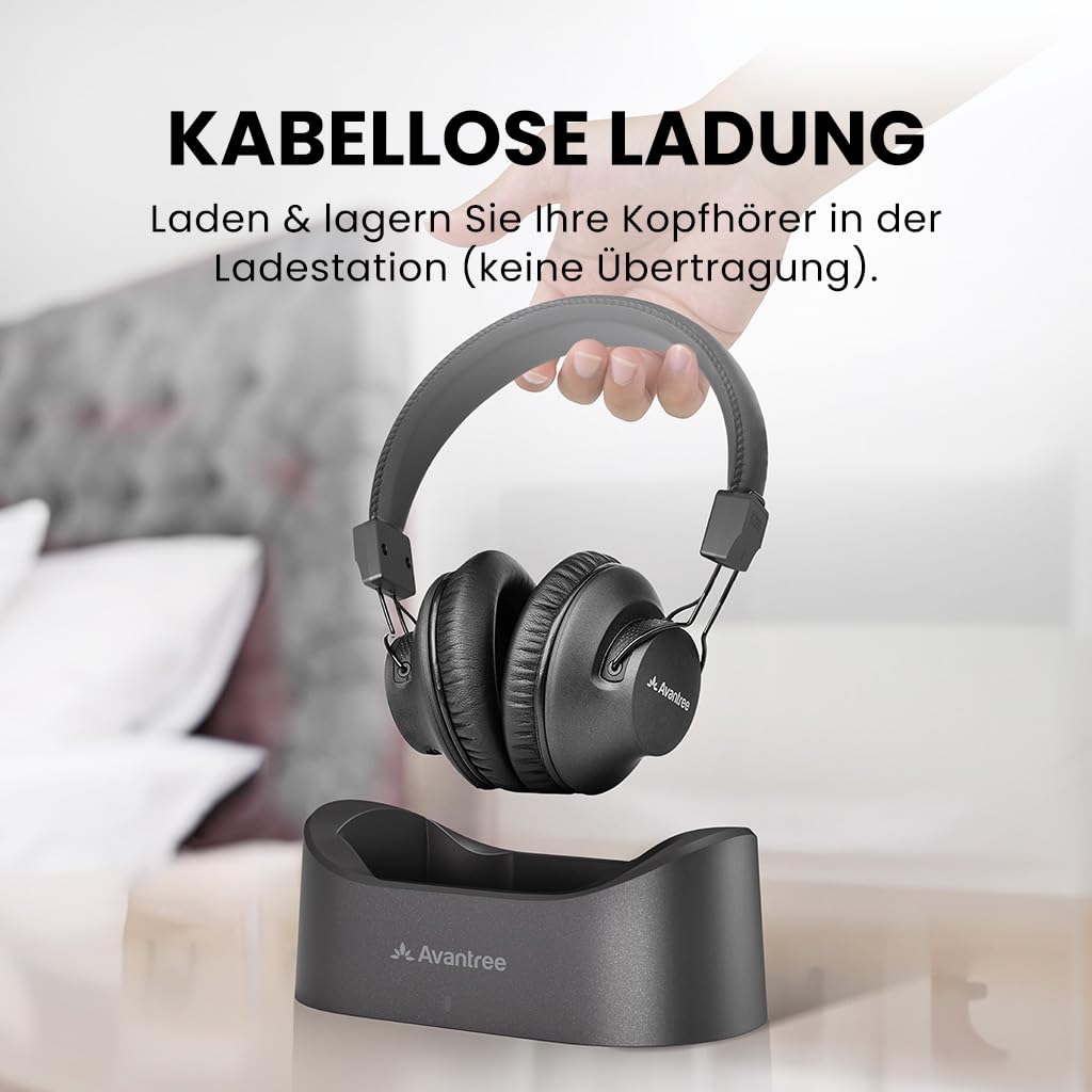 Avantree Audition 3 – Bluetooth-Kopfhörer Over-Ear und kabelloser Ladestation, 50 Stunden Akkulaufzeit, aptX-Adaptive, klare Stimme, kompatibel mit Bluetooth-Fernsehern