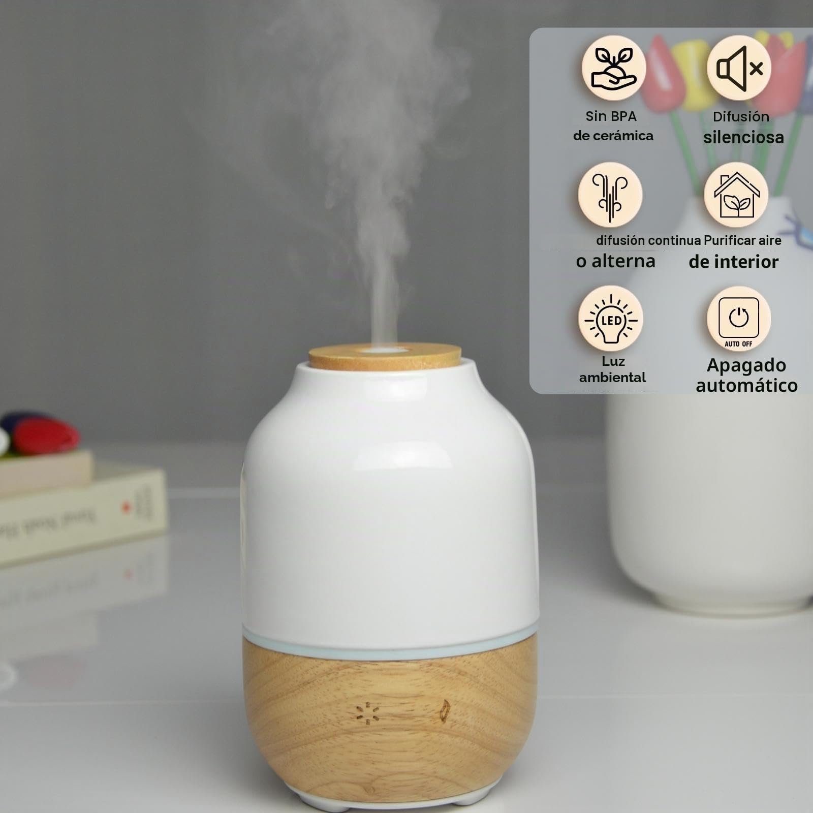 Zen'Arôme - Difusor ultrasónico de aceites esenciales Purisia (hasta 40 m²) - Difusión en frío para aromaterapia - Modo continuo o alternado - Iluminación multifunción - Cerámica y madera