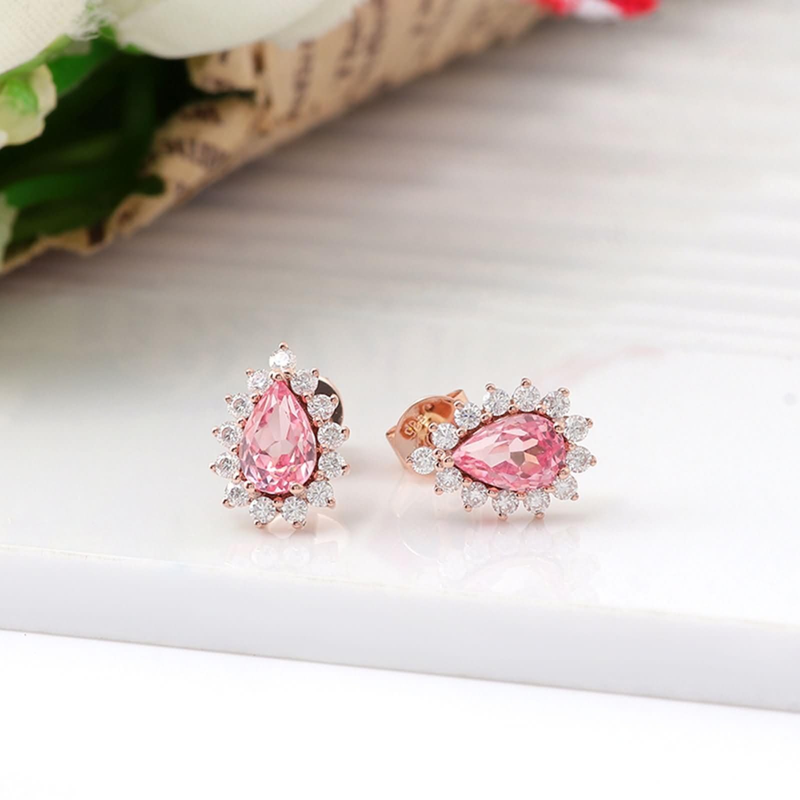 Rosegold 375/585 / 750 Ohrringe Hochzeit für Damen, Wassertropfen mit Moissanit, Ohrschmuck Damen Rosegold