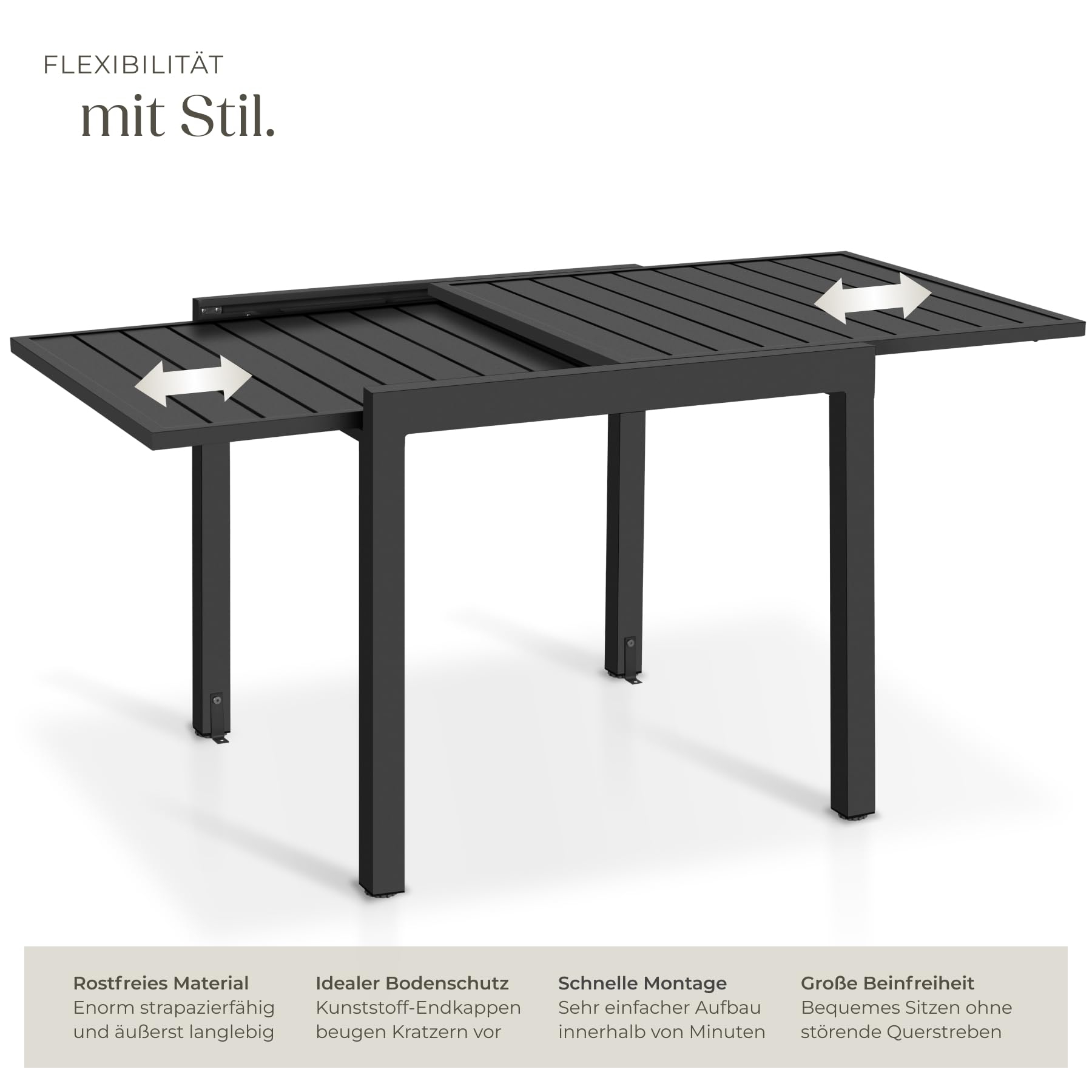 TecTake® Aluminium Gartentisch, ausziehbar für 4–6 Personen, 80–160 x 80 x 75 cm, wetterfest, Gartenmöbel Tisch Aluminium, UV-beständiger Outdoor Tisch mit Lamellenoberfläche, höhenverstellbare Füße