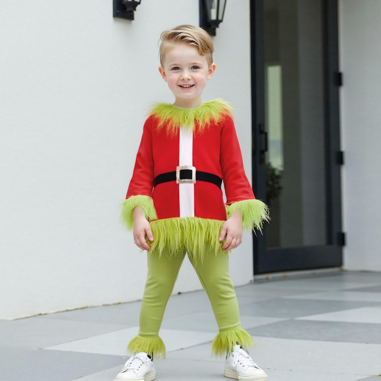 Kids Boys Girls Christmas Santa Cosplay Costume Green Monster Hooded Santa Claus Furry Suit Xmas Funny Clothes Set - Image 4