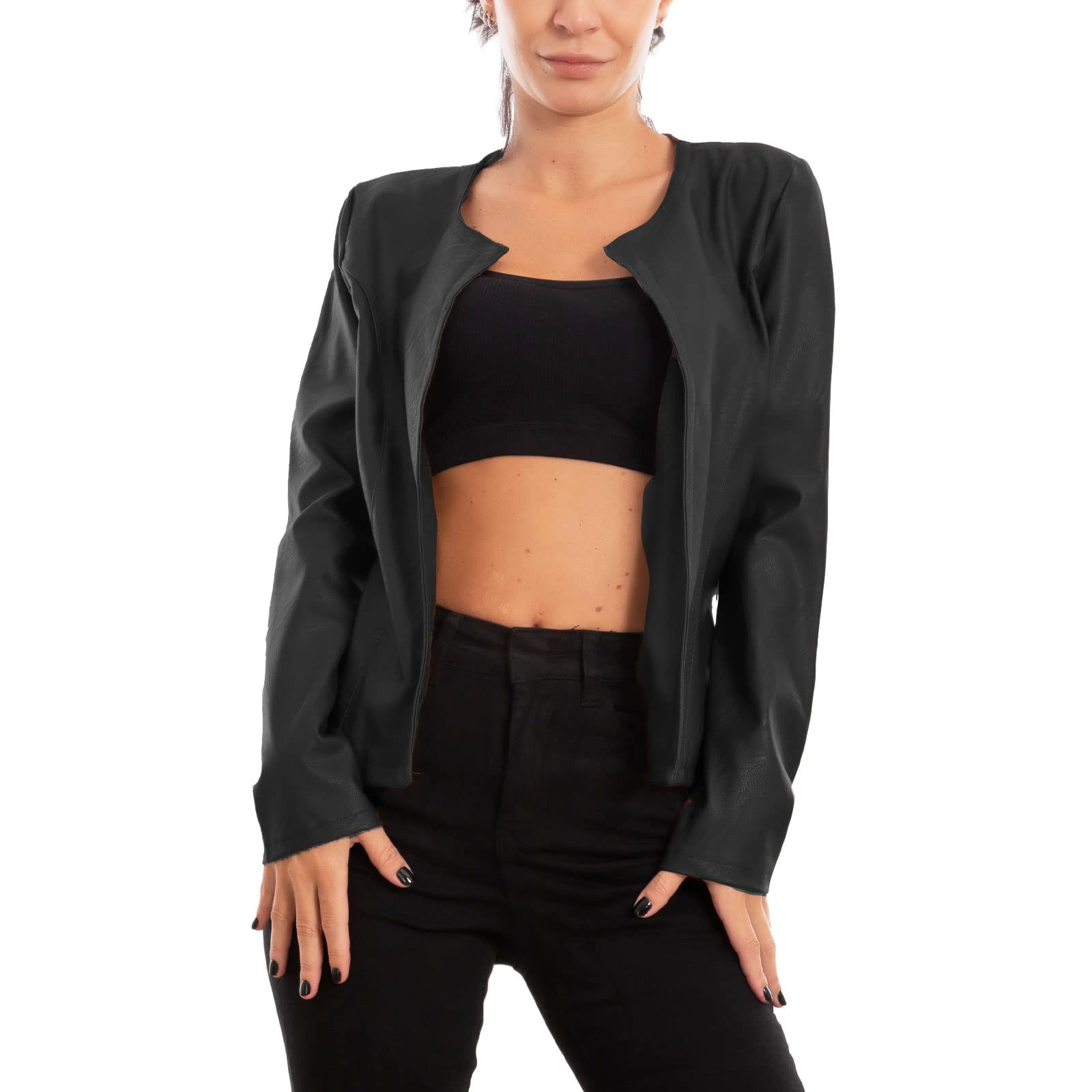Veste courte en simili-cuir grande taille Toocool MS-5919, veste noire ouverte confortable