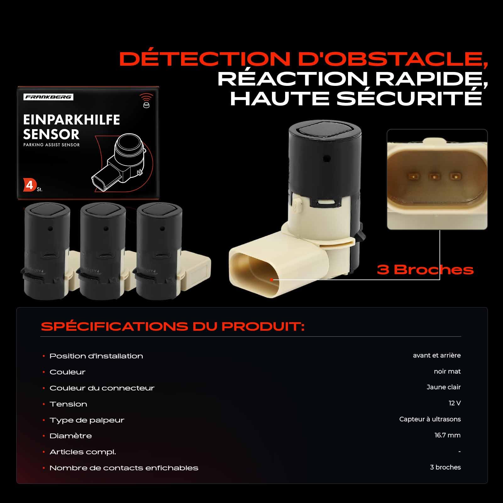 Frankberg 4 capteurs de stationnement avantarrière 7M3919275A | Compatible avec: P.a.s.s.a.t Variant 3B5, A.l.h.a.m.b.r.a 7V8 7V9, P.a.s.s.a.t Variant 3B6, S.h.a.r.a.n 7M6 7M8 7M9