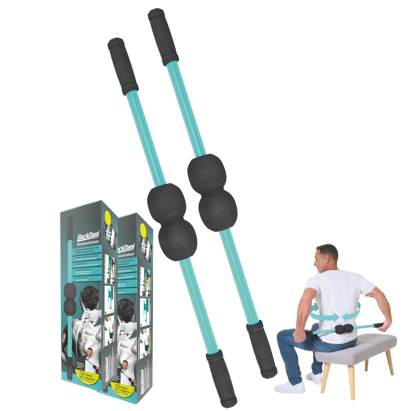 Wirbelsäulen-Trainingsgerät zur Mobilisation & Rotation | Rückenmuskel Training für mehr Beweglichkeit & Stabilität | Ergonomisch, rutschfeste Griffe, inkl. Trainingsposter Back Dani