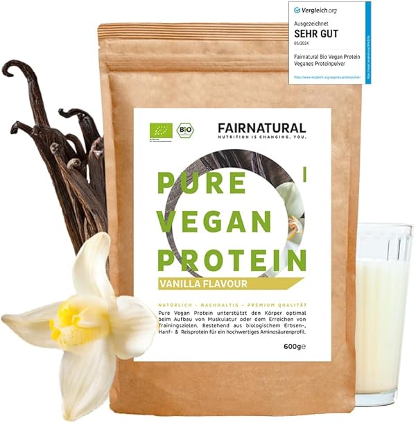 FAIRNATURAL Bio Veganes Proteinpulver Vanille ohne Soja [600G] 5K Protein Pulver Laktosefrei - Vegan Protein Powder - Pflanzliches Proteinpulver - Regional aus DE - Proteinshake Vegan - Eiweißpulver