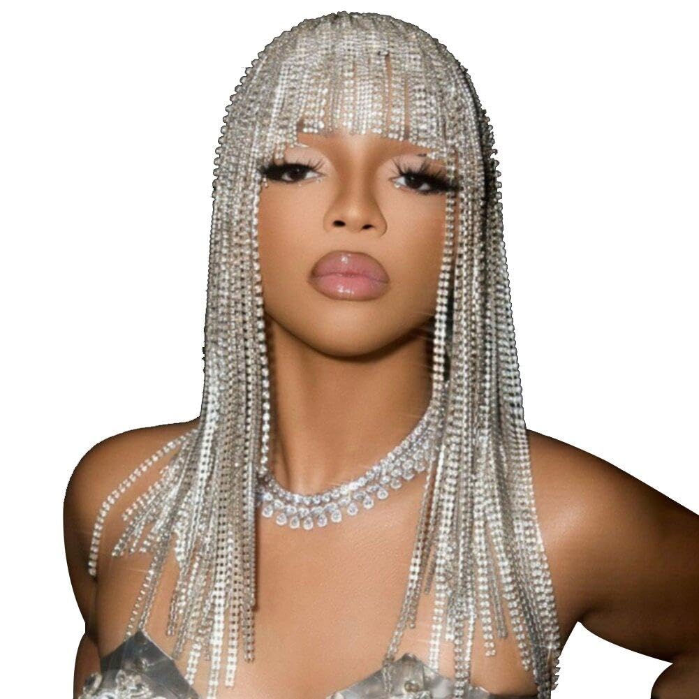 Lpitoy Women's Silver Long Tassel Hairband Rhinestone Hair Chain Glitter Dangle Hair Piece Crystal Headdresses For Bride Bridesmaid