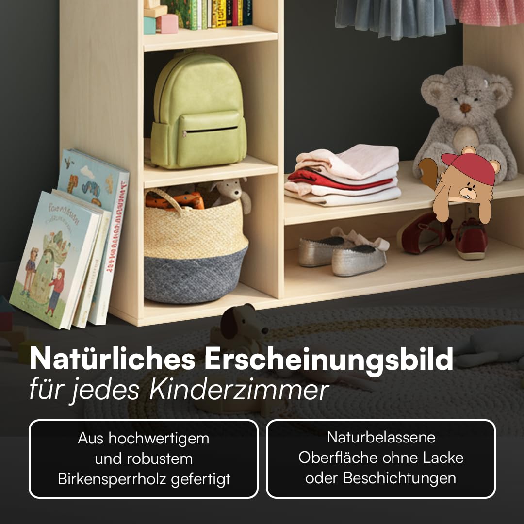 Bellabino Tea Kindergarderobe – Kleiderständer mit 6 Ablageflächen & 1 Kleiderstange in Natur – Montessori Kleiderschrank aus Birkenholz unbehandelt – Garderobe für Kinder – Kinderregal 114x40x105 cm