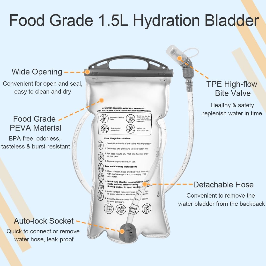 1.5L Hydration Bladder for Running Vest, Wide Opening Water Bladder for Hiking Backpack, BPA Free Leak-Proof Water Reservoir Detachable Hose Water Pouch for Hydration Pack Camping Cycling