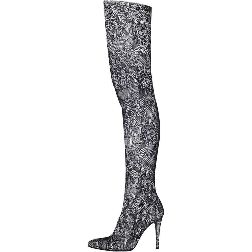 Stivali sopra il ginocchio con fiori di pizzo sexy da donna Stivali alti alla coscia sexy a punta con cerniera laterale Scarpe con tacco a spillo in rete con cerniera pelle/D/43EU