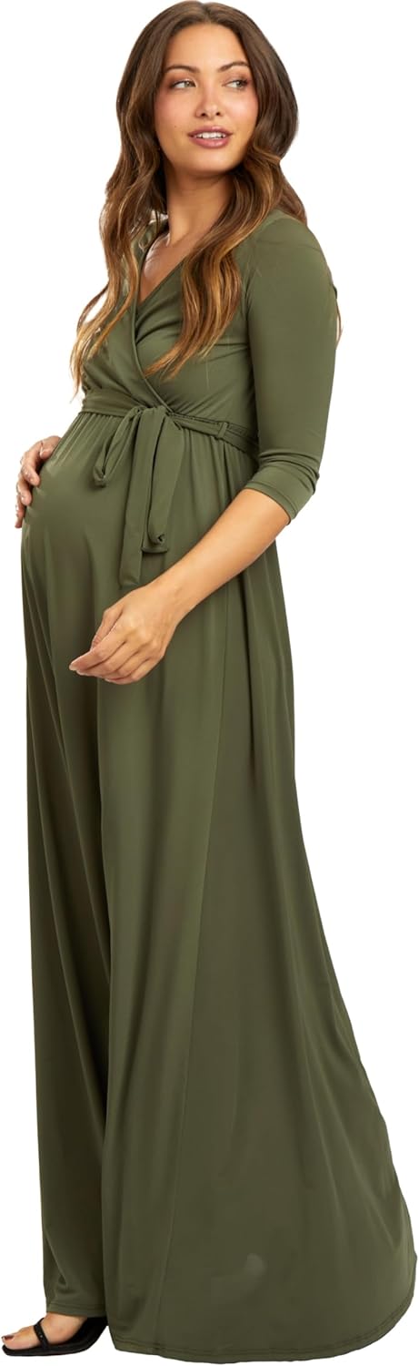PinkBlush Olive Draped 3/4 Sleeve Maternity Maxi Dress
