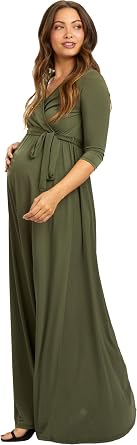 PinkBlush Olive Draped 3/4 Sleeve Maternity Maxi Dress