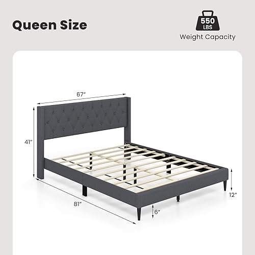 Miniatura 2 de Giantex Base de cama de plataforma tamaño Queen con respaldo de alas, base de cama tapizada de tela con cabecera capitonada con botones y listones