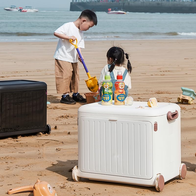 Mrbin Collapsible Kids Toy Storage Bins with Lids and Handle, Cubby Rectangle Cute Totes Clothing Plastic Box on Wheels, Nursery Organizer Chest for Living Room, Classroom, Pantry, Playroom, White