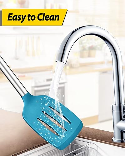 Miniatura 5 de Pack of 4 Silicone Cooking Utensils Set, Non Stick Large Solid Spatulas, Heat Resistant Blue Slotted Spoons, Ideal BPA Free Kitchen Turners for Azul