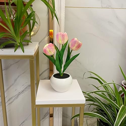 Miniatura 4 de Lámpara de mesa de tulipán, lámpara LED de simulación de tulipán, luz nocturna, ramo de flores falsas, 3 cabezas con jarrón de cerámica, lámpara de
