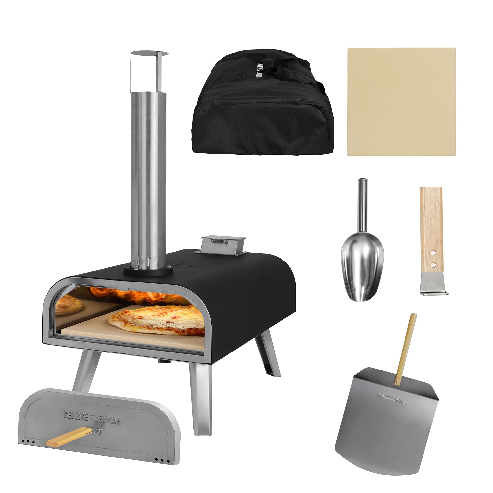 George Foreman Outdoor 16 Inch Wood Pellet Portable Wood Fired Pizza Oven Black with Paddle and Carry Bag, BBQ Oven & Smoker, Foldable Legs GFWPPO2BPC