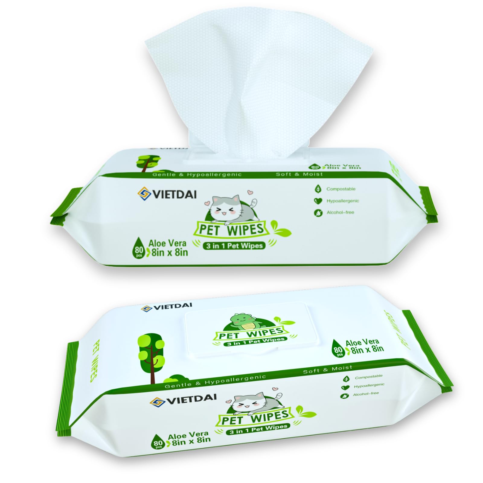 VIETDAI Pet Wipes for Dogs and Cats Cleaning Deodorizing, 160 Pcs Dog Wipes Hypoallergenic Grooming Bath, Cat Wet Wipes for Paws Eyes Ears Face Body Fur Puppy Wipes - Unscented