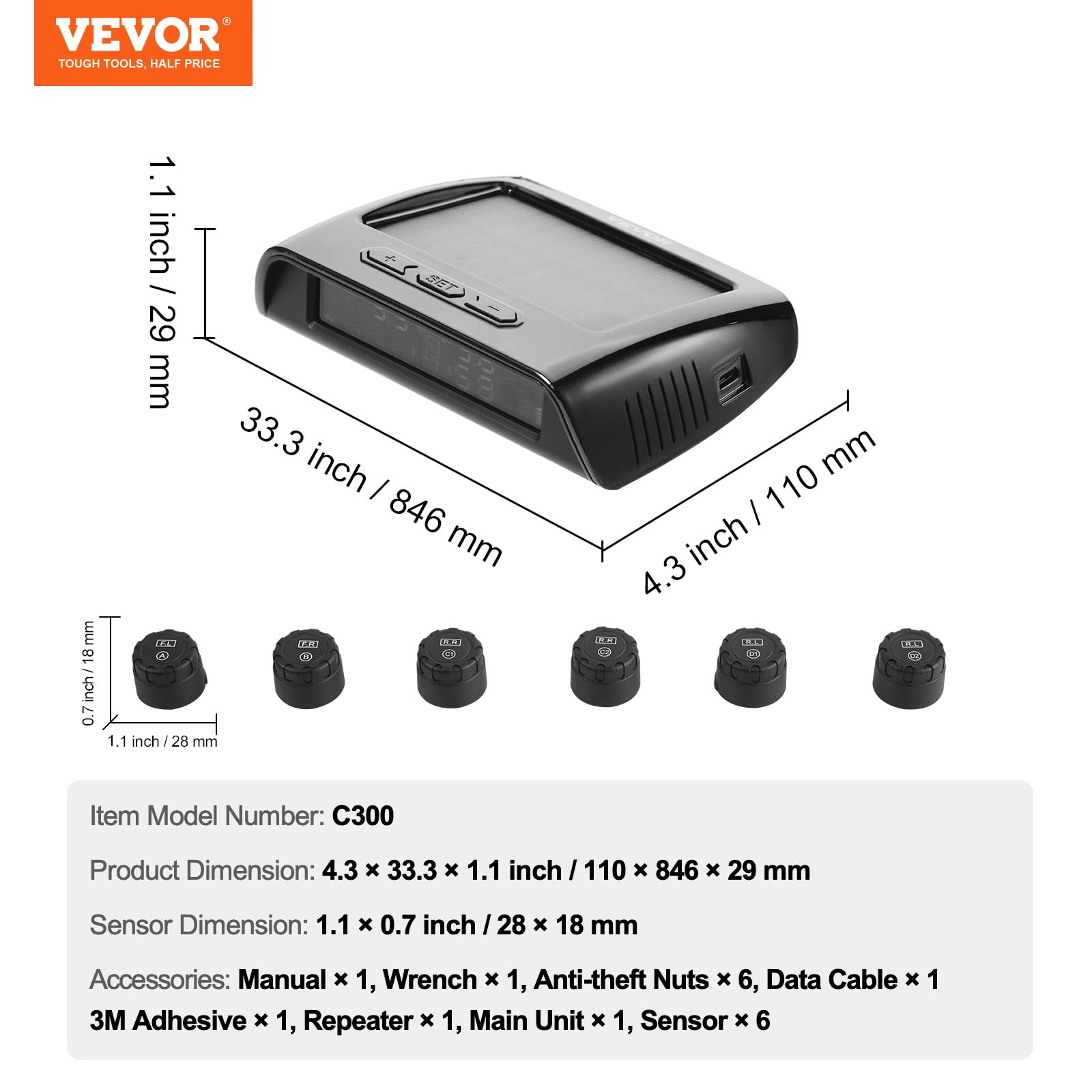 VEVOR TPMS avec 6 Capteurs, Système de Surveillance de la Pression des Pneus 0,5-8 Bars, Système d'Alarme de Voiture sans Fil Universel, Affichage en Temps Réel, 5 Modes d'Alarme, avec Charge Solaire