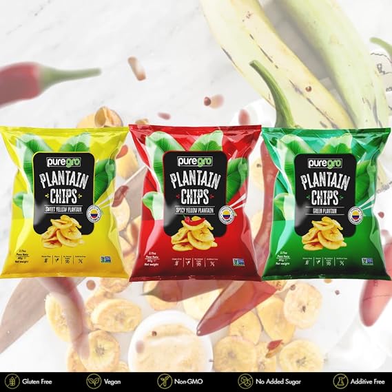 Puregro Chilli, Green and Sweet Yellow Plantain Chips 60g | Mixed Flavour Plantain Snacks | Ready to Eat | Ideal for Snacking, Sharing and On-the-Go | Box of 24 (Each 8 Packs)