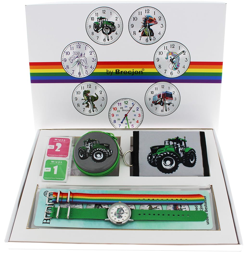 Geschenkset 5tlg. Kinder Armbanduhr Jungen Traktor Trecker grün 5ATM wasserdicht Sammelbox Geldbörse Analog Quarz 2tes Armband