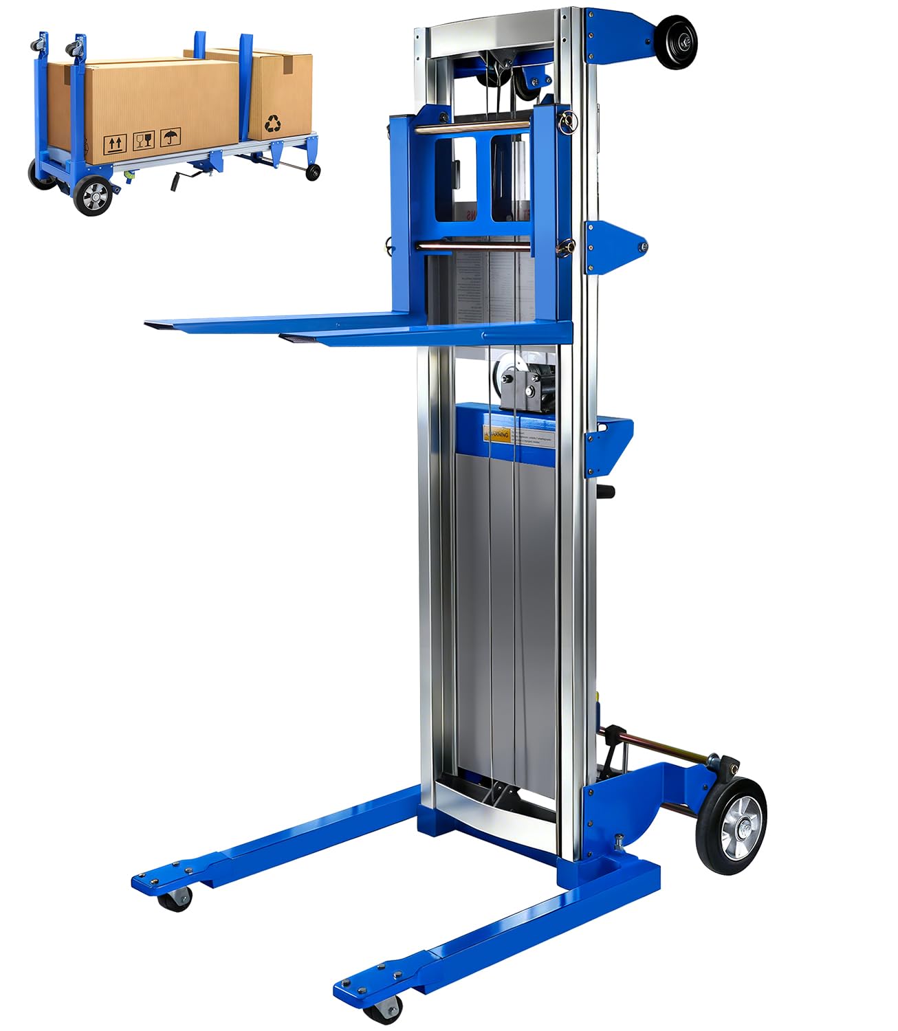 Material Lift Winch Stacker, 123'' Manual Material Lifts, Heavy Duty Pallet Truck Dolly with Adjustable Fork,6 Wheels, Adjustable Straddle Hand Winch
