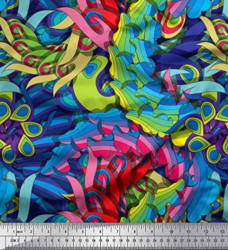 Soimoi Bleu Soie en Tissu Feuilles Artistique Tissu Imprime 1 Metre 42 Pouce Large Cover