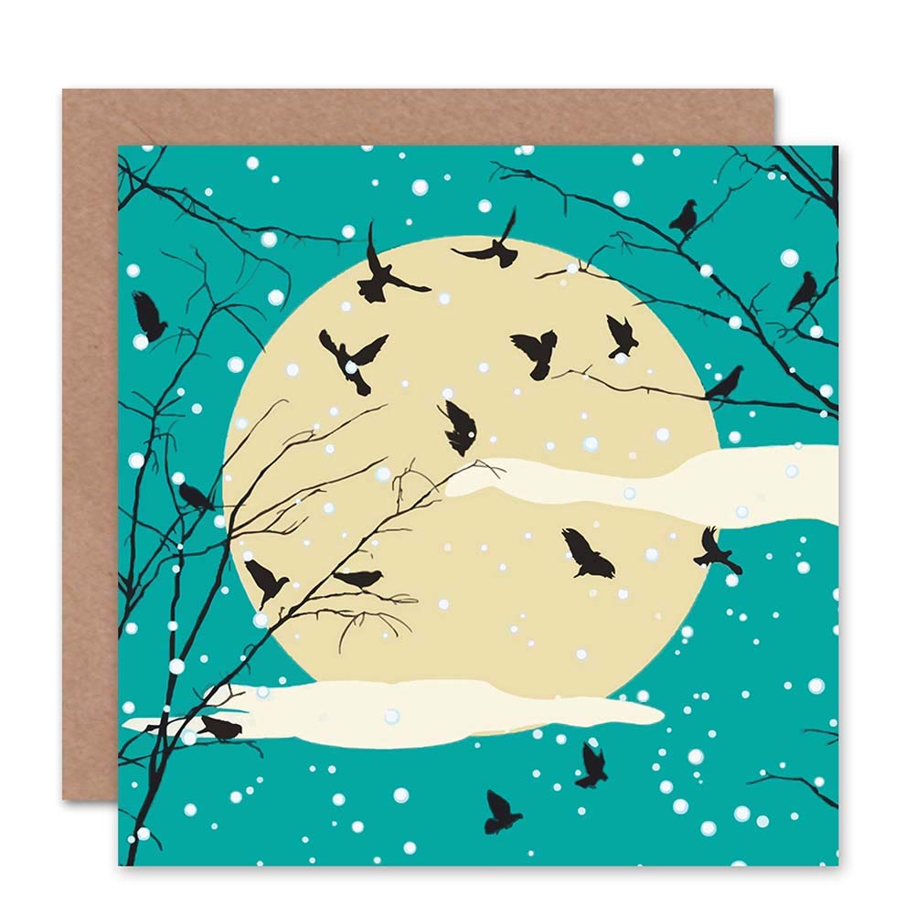 Winter Tree With Crows Against Moon Snow Blank Greeting Card With Envelope