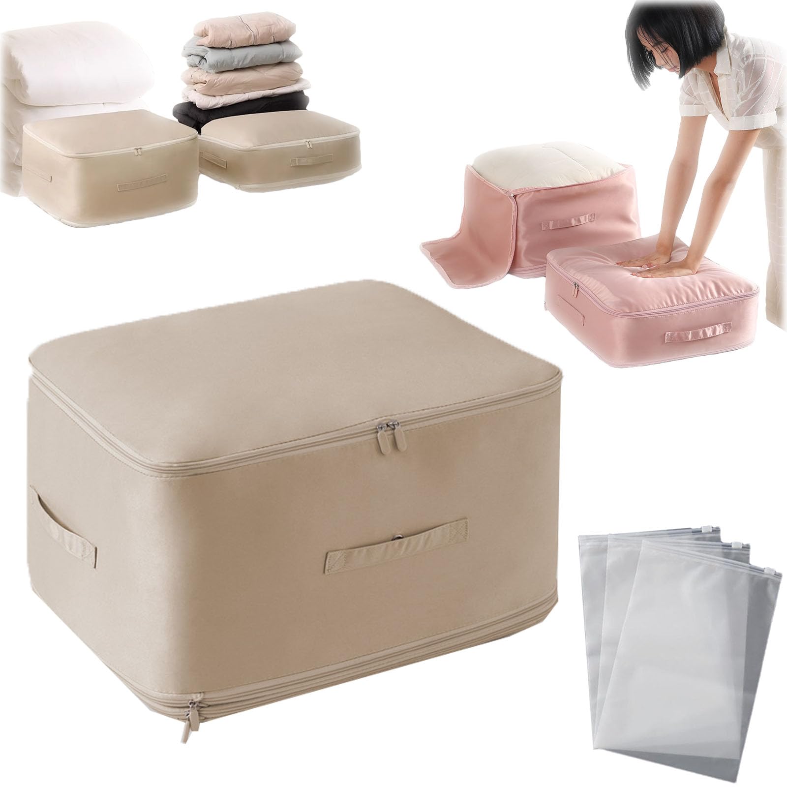 Ultra Space Saving Self Compression Organizer, Compression Duvet Storage Bag Large Capacity, Compression Storage Bags For Clothes, Heavy Duty Moving Bags, Storage Tote (Beige, XL)