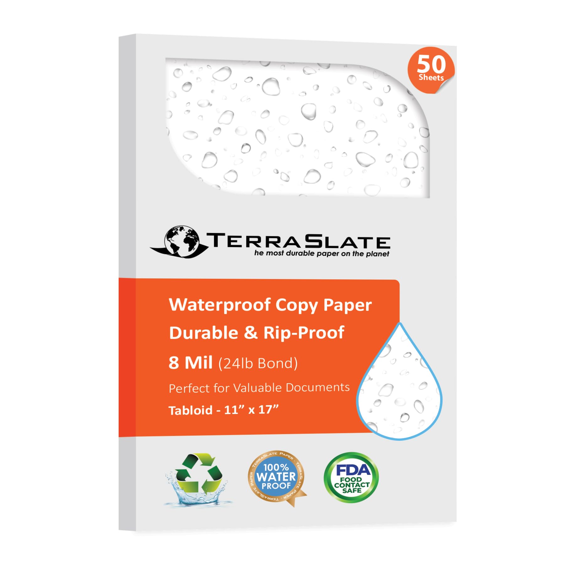 TerraSlate 8 MIL Waterproof Paper 11"x17" – Weatherproof, Rip-proof Copier Paper, Laser Printer & Copier Compatible, 50 Sheets – Ideal for Outdoor, Rugged Use, and Harsh Conditions