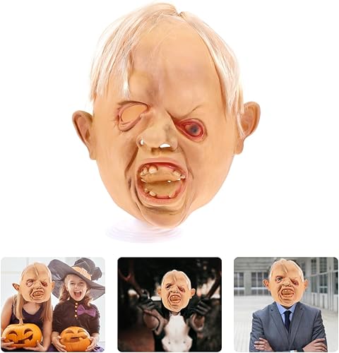 Miniatura 2 de Prop Headgear - Máscara de disfraz de hombre para Halloween, disfraz de terror, ojo oblicuo, aterrador, cabeza completa, de látex, espeluznante para