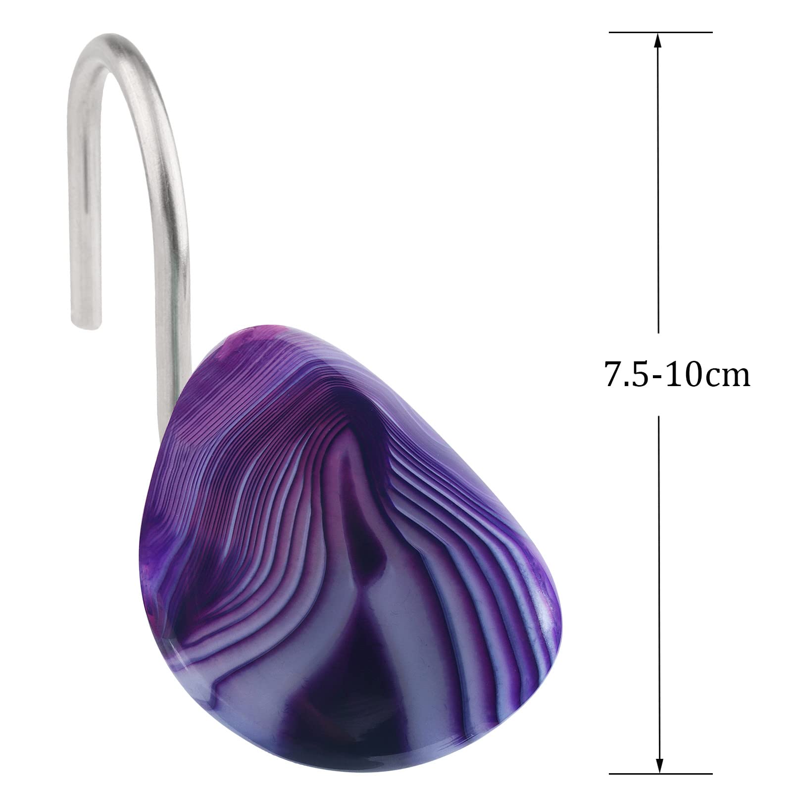 rockcloud Lot de 4 crochets de rideau de douche en acier inoxydable en forme de S avec pierres d'agate polies irrégulières pour salle de bain, décoration de bureau à domicile, violet